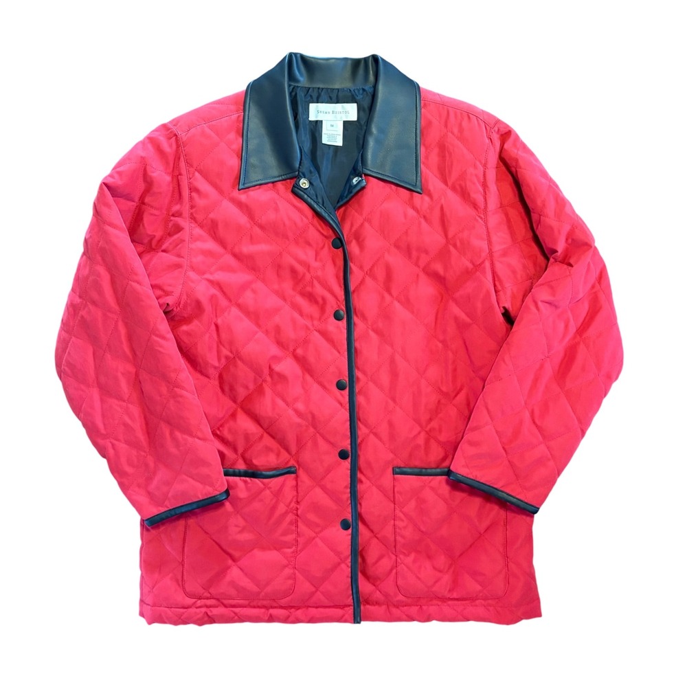 Vintage Susan Bristol Red Quilted Jacket Faux Leather Trim Chore Women's‎ Medium